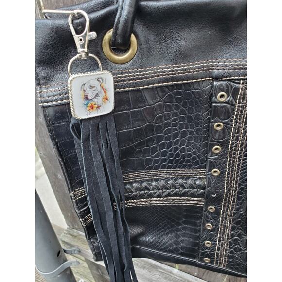 Handmade boho Pitbull dog lover gift Leather Fringe Western bag charm keychain - Picture 1 of 3